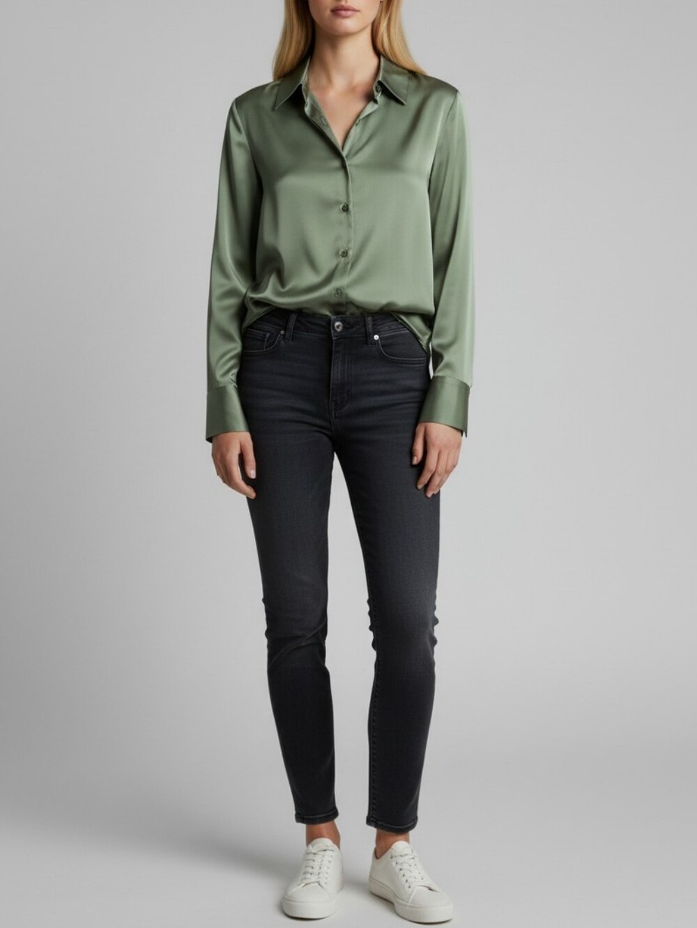 Zara Olive Green Satin Button-Up Blouse Womens XS Office Career Minimalist Retro